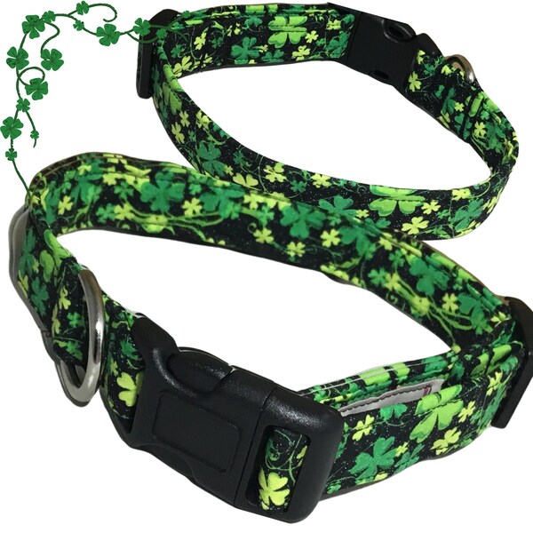 St. Patrick's Day Green  Shamrock Dog & Cat Collar with Sparkling Black Background-Buckle, Breakaway, Martingale Available