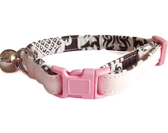 Pink Victorian Cat Collar with Breakaway Buckle & Bell- Two Toned with Solid Pink and Brown, White Damask - Fabric Collar