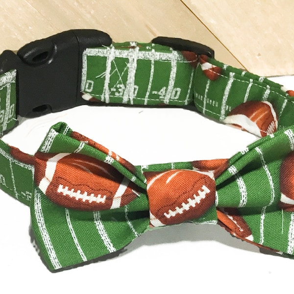 Green & Brown Sports Football  Bow Tie Collar for Male Cats and Dogs / Buckled or Martingale / Leash Upgrade / Metal Buckle Upgrade