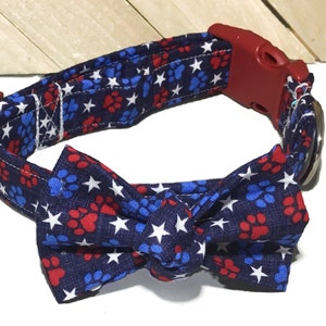 Blue Patriotic Paw Print Dog Bow Tie Collar with White Stars, Red & Blue Paw Prints Leash Upgrade 4th of July Memorial Day image 1