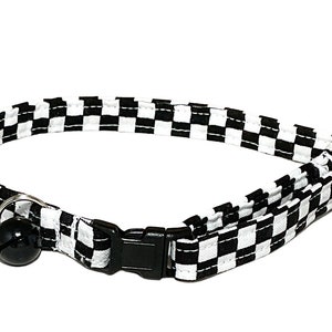 Black & White Checkered Breakaway Cat Collar with Bell -Flower or Bow tie Option -Buckle Color Option