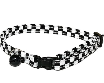 Black & White Checkered Breakaway Cat Collar with Bell -Flower or Bow tie Option -Buckle Color Option