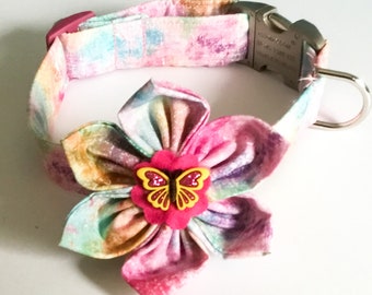 Colorful Watercolors Rainbow Dog or Cat Collar with Matching Flower for Girl Dog or Cat //Metal Buckle Upgrade // 5 Ft Rainbow Leash Option