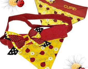 Ladybug Personalized Bandana for Dog or Cat with Side Bow - Slips Over the Collar or Can Be Tied - Spring Pet Scarf - Gift for Pet