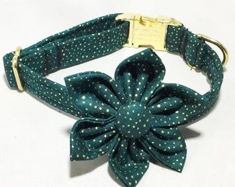 Dark Green Metallic Gold Flower Collar with Star Charm for Female Dogs and Cats/ Buckle or Martingale / Metal Buckle Upgrade / Leash Upgrade