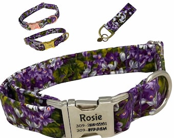 Purple Floral Personalized Collar with Key Fob -Laser Engraved Buckle -Purple, White, Green Flower Theme with Lilacs -Gift for Girl Dog