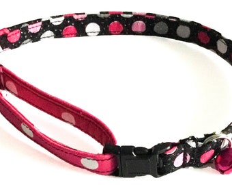 Pink and Black Polka Dot Breakaway Cat Collar with Bell and Matching Flower or Bow tie Option /