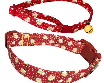 Red Collar with Daisies for Girl Dogs & Cats- Floral Collars-Buckle, Breakaway, Martingale Available