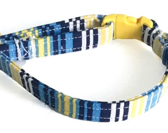 Blue & Yellow Striped Cat Collar with Breakaway Buckle and Bell // Matching Flower or Bow tie Option