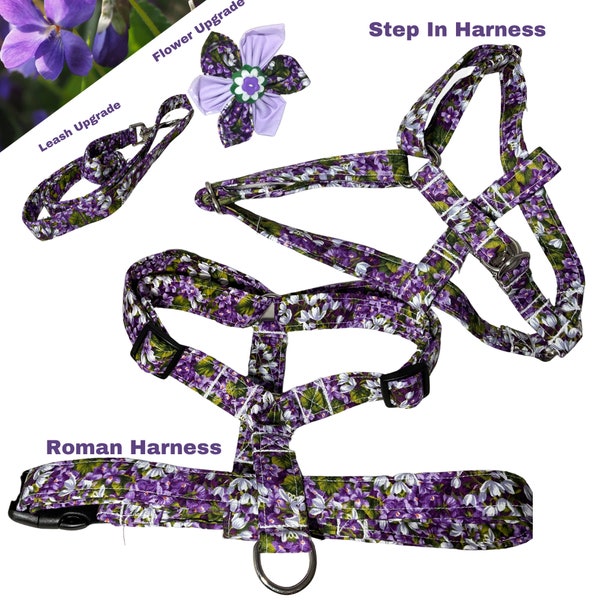 Purple Floral Dog Harness with Black Buckle -Step In Harness- Girl Dog- Leash, Flower, Bow Tie Upgrades