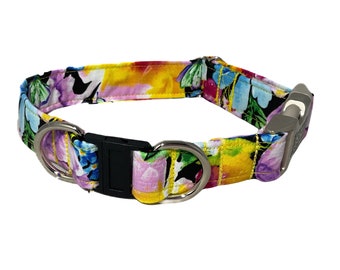 Tropical Floral Breakaway Dog Collar- Girl Dog- Safety Collars - Rainbow Flowers on Black - Two D Ring Leash Adaptability