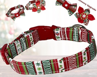 Handmade Red & Green Striped Christmas Pet Collar - Buckle, Breakaway, Martingale