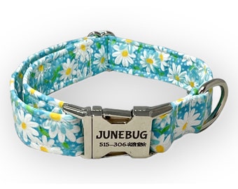 Aqua & White Daisy Dog Collar with Engraved Buckle- Personalized Floral Collar for Your Pup with Your Choice of Collar Hardware