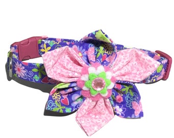 Purple & Pink Floral Collar with Flower for Girl Dog or Cat in Buckled or Martingale Style -Available Leash, Name Personalization