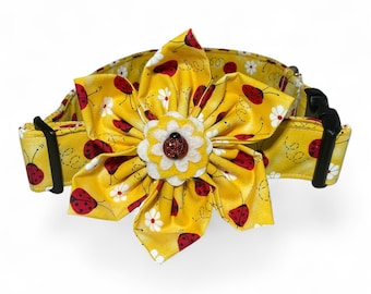 Yellow Ladybug Flower Collar for Dogs and Cats: Buckle or Martingale