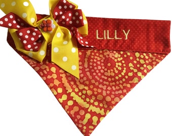 Red & Yellow Summer Bandana for Dogs and Cats with Corner Bow and Embroidered Name
