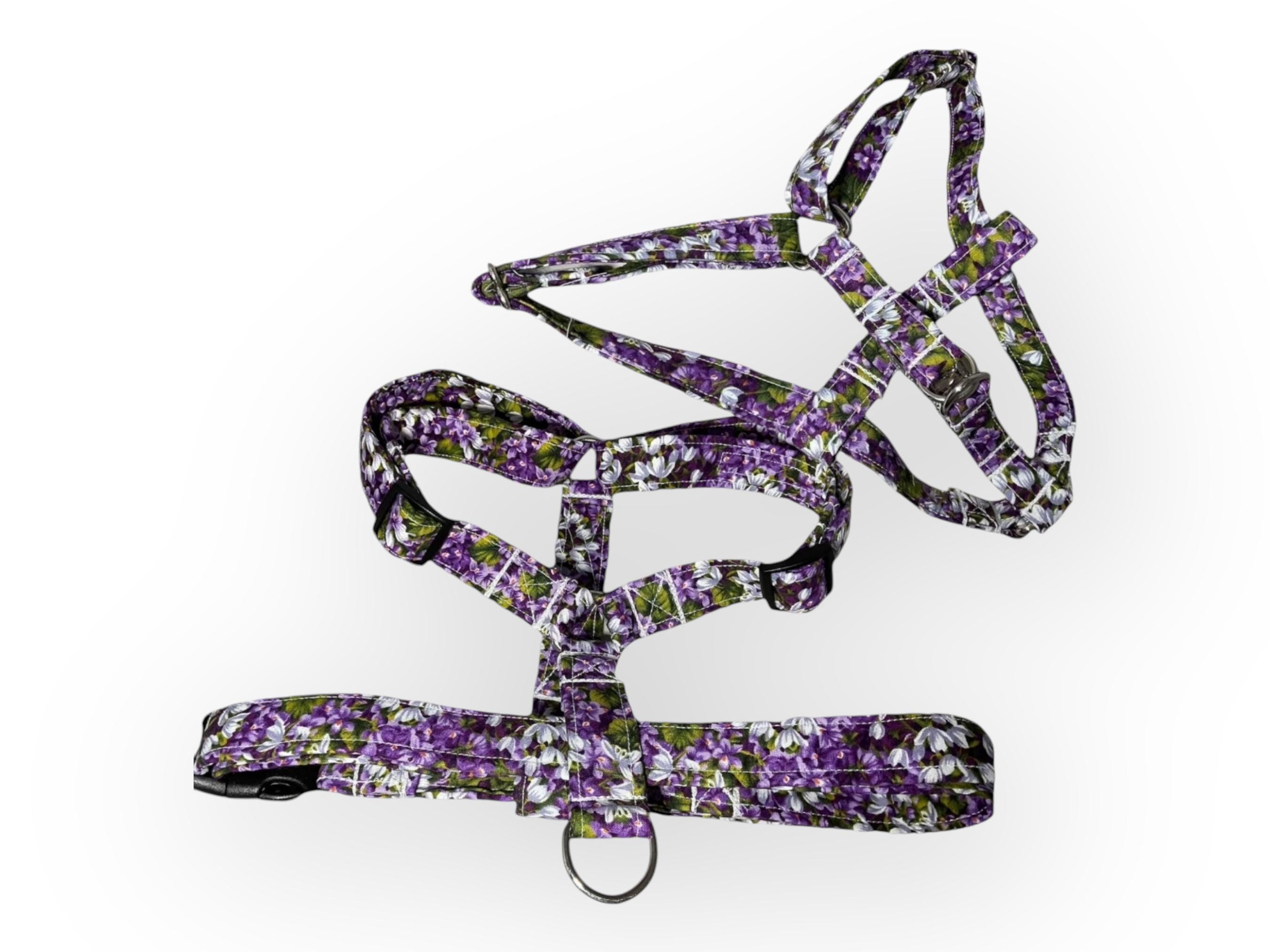 Purple Floral Dog Harness with Black Buckle for Girl Dog-  Gift for Pet- Leash, Flower, Bow Tie Upgrades