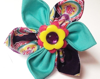Aqua and Purple Paisley Collar Flower for Girl Dog or Cat