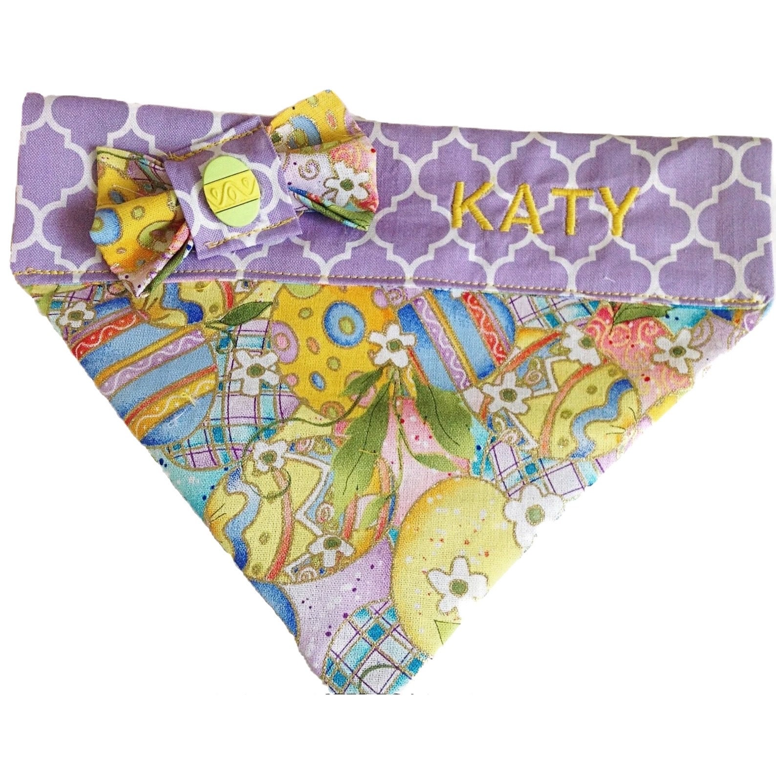Easter Egg Bandana For Dogs & Cats That Slips Over The Collar - Side Bow - Name Personalization Upgrade - Holiday Scarf Pets