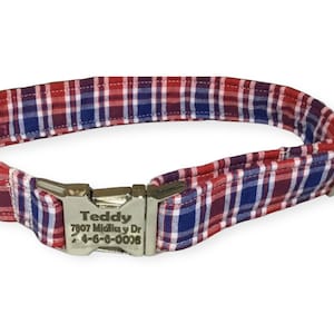 Red White Blue Plaid Engraved Collar for Dogs Plastic or Silver, Gold, Black Metal Engraved Buckles image 1