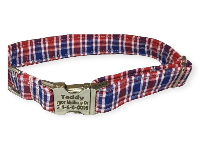 Red White Blue Plaid Engraved Collar for Dogs Plastic or Silver, Gold, Black Metal Engraved Buckles image 1