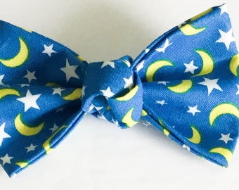 Blue and Yellow Moon and Stars Celestial Bow for Dog or Cat Collar // Matching Collar Option // Attachable Collar Accessory // XXS-XL
