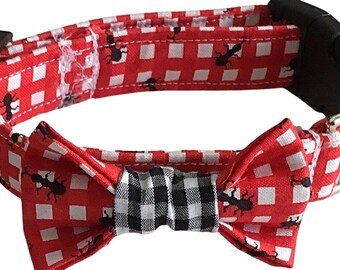 Black Ant Bow Tie Collar for Male Cats and Dogs -Red and White Gingham Background - Buckled or Martingale- Name on Collar Leash Options
