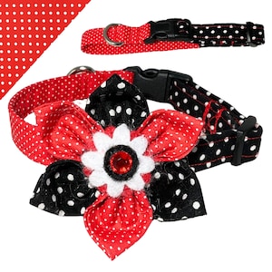 Polka Dot Collar & Flower Set for Dogs or Cats- Half Red with White Polka Dots and Half Black with White Polka Dots- One of a Kind Pet Gift- Name Personalization, Leash, Key Fob Upgrades