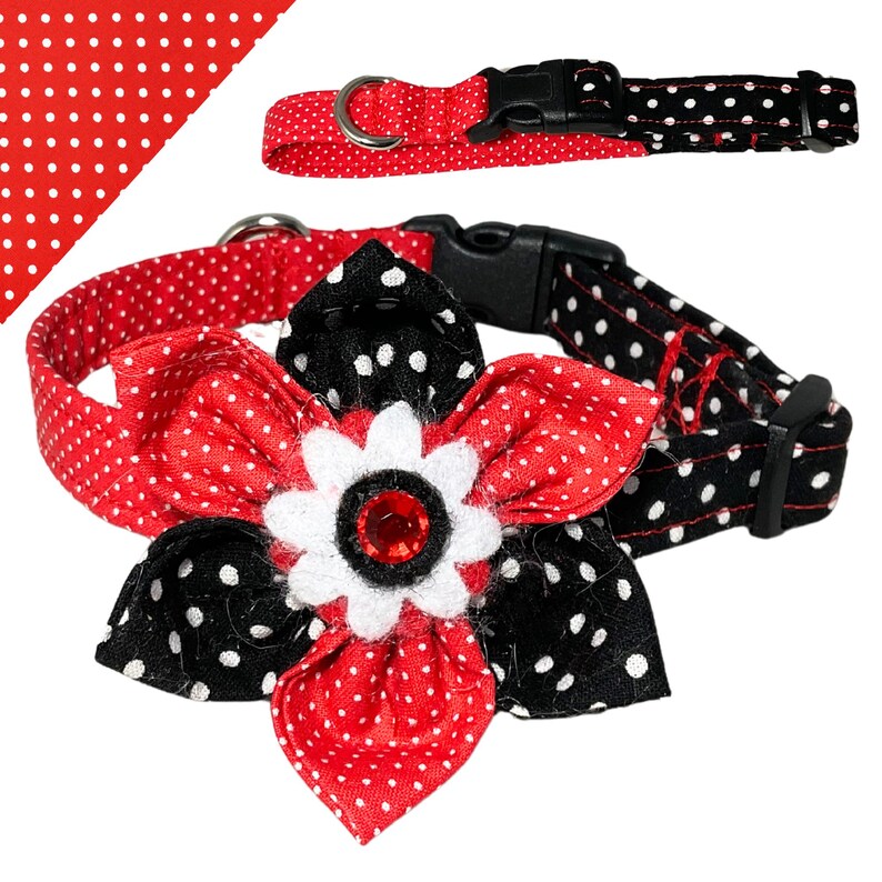 Polka Dot Collar & Flower Set for Dogs or Cats- Half Red with White Polka Dots and Half Black with White Polka Dots- One of a Kind Pet Gift- Name Personalization, Leash, Key Fob Upgrades