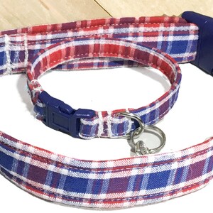 Red, White, & Blue Plaid Dog or Cat Collar with Bracelet for Pet Owner, Friendship Bracelet, Wrist Bracelet and Collar, Gift for Pet Owner