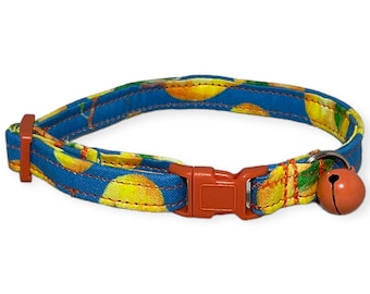 Blue Breakaway Mango Collar For Cats With Bell - Yellow & Orange Mangos on Blue - Name on Collar Upgrade