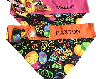 Personalized Birthday Bandana for Dogs and Cats - Happy Birthday Wording- Over the Collar Pet Scarf - Side Bow -  Custom Made