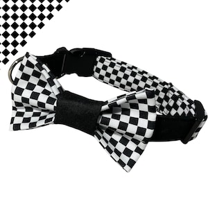 Black & White Checked Bow Tie Collar for Dogs and Cats- Unique Design- Name Personalization and Leash Availability