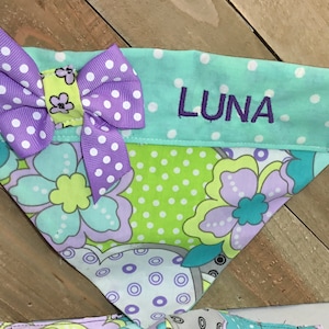 Mint Green and Purple Floral Dog or Cat Bandana With Side Bow for