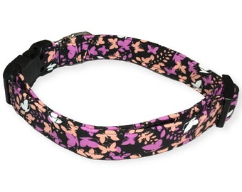 Butterfly Collar for Girl Dogs & Cats- Buckled or Martingale - Peach, Mauve, White Butterflies on Black - Metal Buckle Upgrades