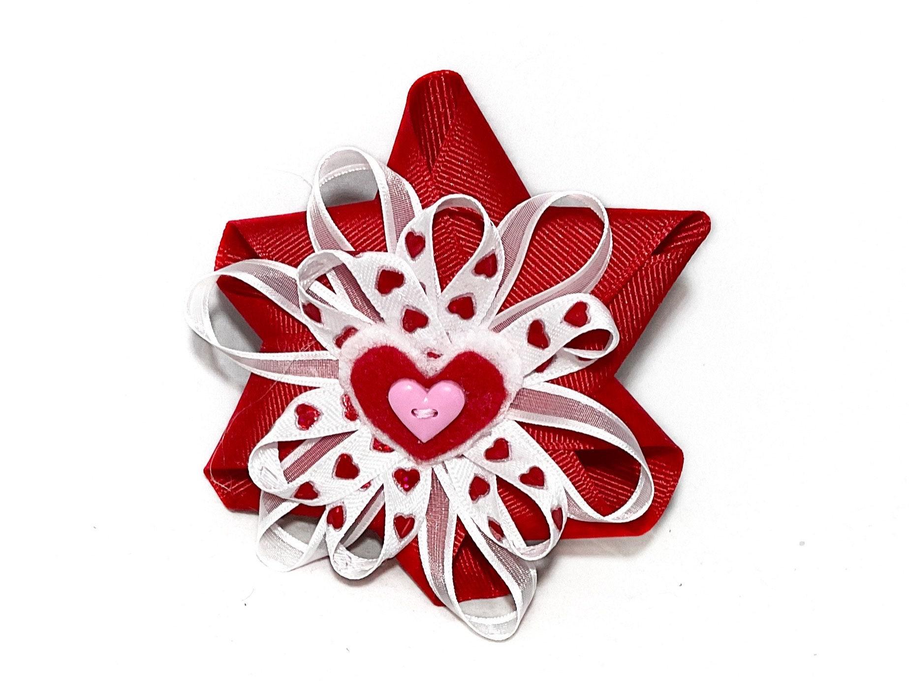 Attachable Valentine Heart Dog Cat Collar Bow - Red White Ribbon Accessory