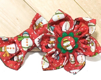 Red & White Christmas Snow Man and Snowflake Collar Accessory for Dog or Cat / Attachable Flower or Bow Tie