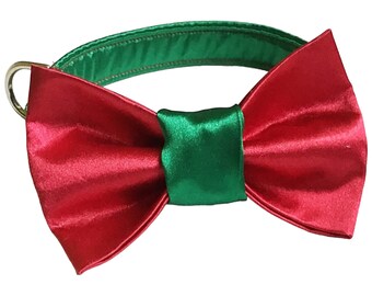 Red & Green Satin Christmas Collar with Matching Bow tie for Male  Dogs and Cat