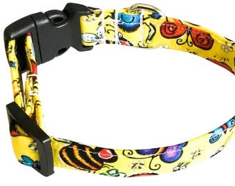 Insect Collar for Dogs and Cats-Buckle or Slip On Martingale- Bumble Bees, Butterflies, Dragon Flies, Spiders & Ladybugs- Yellow Background