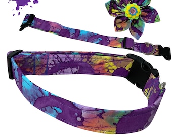 Stylish Purple Tie Dye Pet Collar for Dogs/Cats - Custom Name Personalization, Buckle Hardware, Flower, Key Fob  & Leash Upgrades