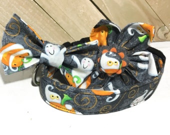 Gray Halloween Ghost Collar with Bow for Male & Female Dogs or Cats- Martingale Option- Leash Upgrade -Fall Collars