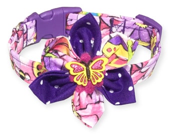 Purple Butterfly Collar & Flower for Girl Dogs And Cats- Purple Buckle or Martingale- Pink Background- Purple, Yellow Bees, Butterflies