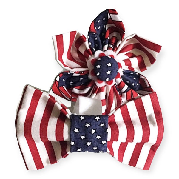 4th of July Bow for Dog or Cat Collar - Patriotic Bow Tie or Flower- Stars and Stripes -Attaches to Collar