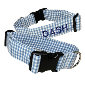 Blue and White Personalized Gingham Collar for Dogs or Cats