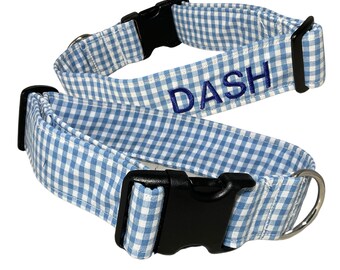 Blue and White Personalized Gingham Collar for Dogs or Cats