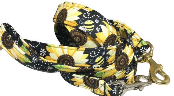 Black Sunflower and Bumble Bee Dog Leash in 1 Ft to 6  Ft Lengths, Handmade Dog Lead