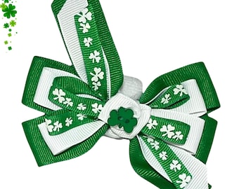 St. Patrick's Day Shamrock Ribbon Bow for Dog & Cat Collar- Green, White and Shamrock Ribbon - 3 Layer Bow- Attachable Accessory for Collar