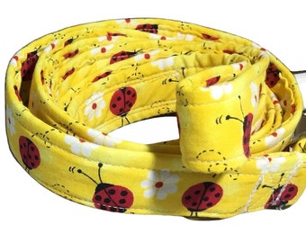 Lady Bug Leash for Dogs with Yellow Background, White Flowers, Red Lady Bugs - 1 Foot to 6 Foot Lengths- Spring & Summer Dog Lead