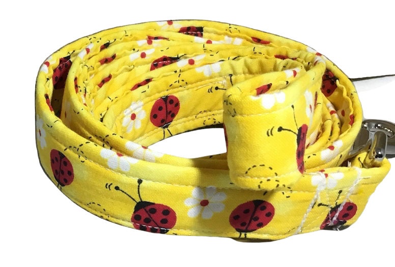 Lady Bug Leash For Dogs With Yellow Background, White Flowers, Red Bugs - 1 Foot To 6 Lengths- Spring & Summer Dog Lead