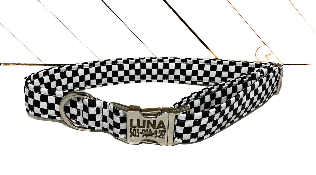 Black and White Checkered Dog Collar With Engraved Buckle Etsy